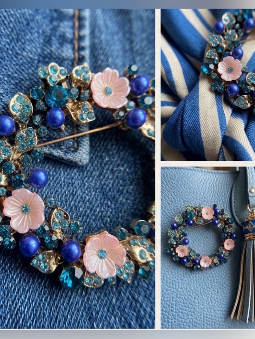 Celestial Garden Rhinestone & Carved Flower Wreath Brooch Pin Jewelry